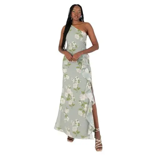 Produktbild: Anaya with Love Damen Women's Maxi Ladies Sleeveless One-Shoulder Asymmetric Split Waterfall Ruffle A-line Bridesmaid Wedding Guest Prom Dress, Sage Green Floral, 42 EU
