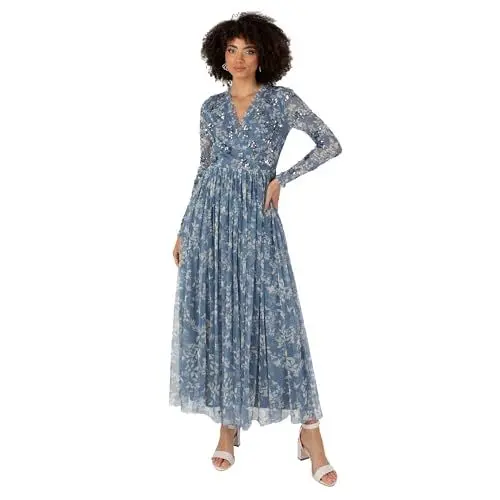 Produktbild: Anaya with Love Damen Women's Midaxi Dress Ladies V-Neck Wrap Long Sleeves Floral Sequin Embellished for Wedding Guest Party Occasion Evening Kleid, Blue,