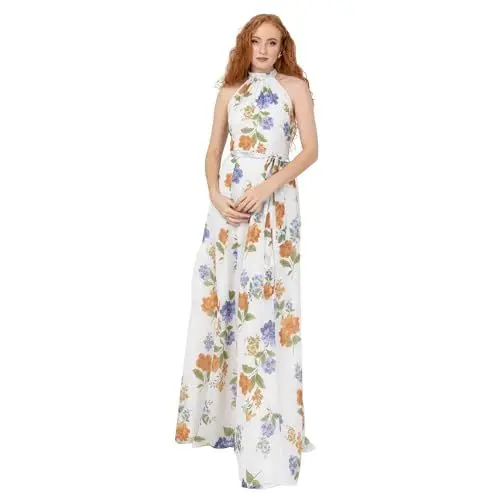 Produktbild: Anaya with Love Women's Maxi Dress Ladies Sleeveless Halter Neck Waist Bow Tie Sash Belt Shirred Bridesmaid Wedding Guest Prom Ball Gown, Elfenbeinfarbenes Blumenmuster 34