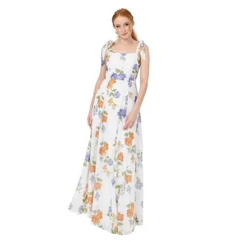 Produktbild: Anaya with Love Women's Maxi Dress Ladies Sleeveless Square Neck Bow Tie Straps A-line Floral Shirred Back Bridesmaid Wedding Guest Prom Elfenbeinfarbenes Blumenmuster 46