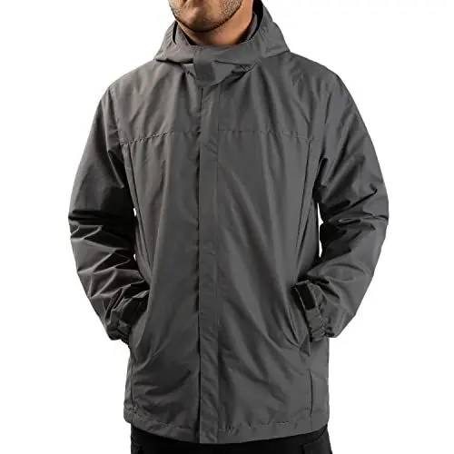 Produktbild: ANAYSN Herren Regen Jacke mit Kapuze wasserdicht leichte Jacke und Reißverschlusstaschen Regenmantel für Outdoor Camping Wandern (Grau, XXL)