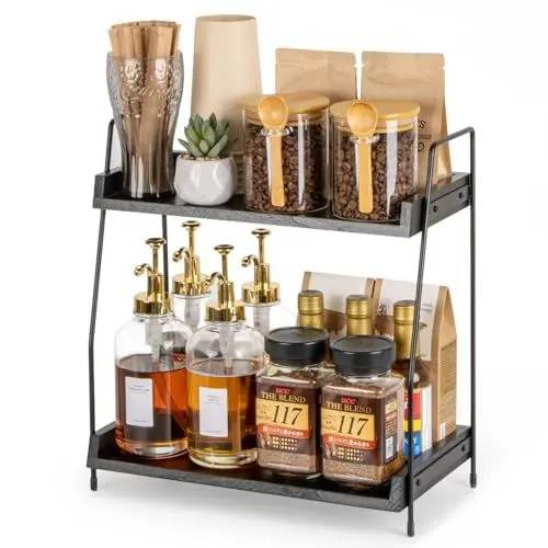 Produktbild: ANBOXIT Kaffee Organizer, Küchen Organizer Holz, Küchenregal Arbeitsplatte, 2 Tier Kaffeebar Regal für Küche, Zuhause, Büro - Schwarz