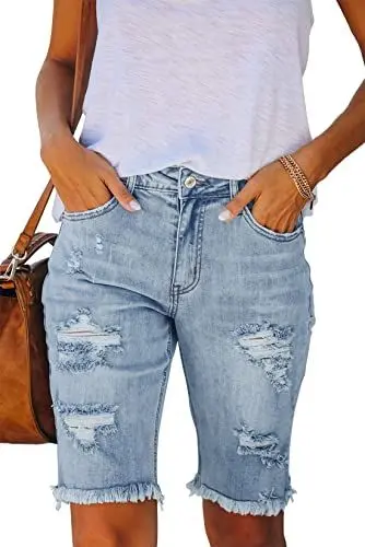 Produktbild: ANCAPELION Bermuda Shorts Damen,High Waist Skinny Zerrissene Rohem Saum Klassische Bermuda Denim Shorts,A-Denim Blau S