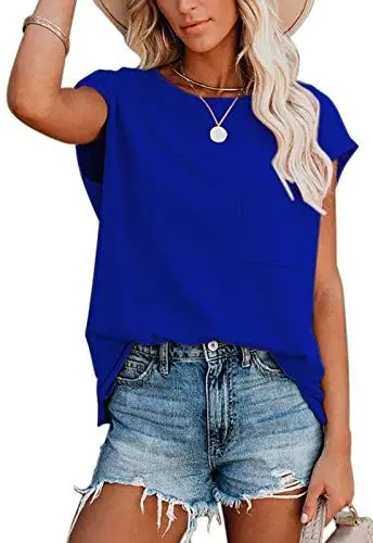 Produktbild: ANCAPELION Damen Casual T-Shirt Kurzarm Sommer Tops Lose Oberteile Rundhals Basic Bluse mit Tasche Einfarbig Blau,XL