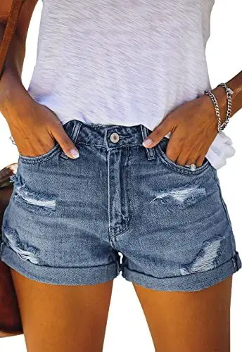 Produktbild: ANCAPELION Damen Denim Shorts Mittlere Taille Crimpen Hotpants Ripped Jeansshorts für Sommer C-Dunkelblau S