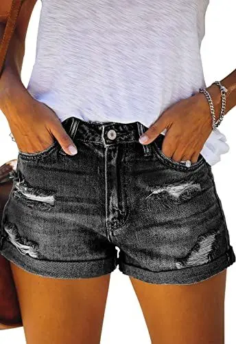 Produktbild: ANCAPELION Damen Denim Shorts Mittlere Taille Crimpen Hotpants Ripped Jeansshorts für Sommer C-Schwarz M