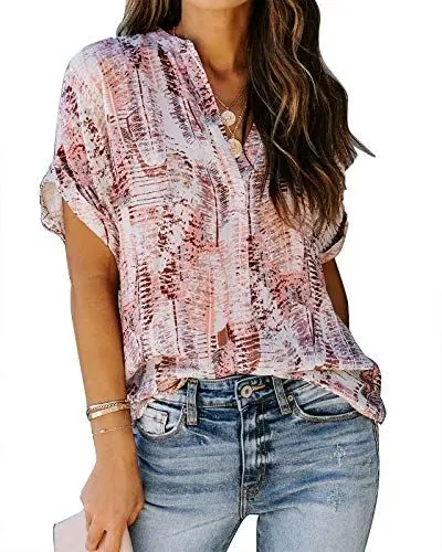 Produktbild: ANCAPELION Damen Sommer Bluse Fashion Tuniken Hemd Kurzarm Shirt Casual Oberteile Lose Fit Top V-Ausschnitt Tunika für Frauen Pink XL