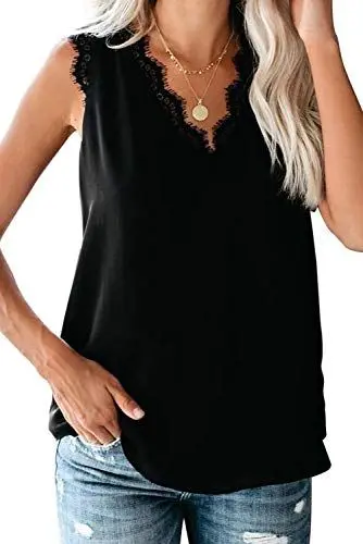 Produktbild: ANCAPELION Damen Sommer Weste Top Ärmellose Oberteile Chiffon Tank Tops Lace Shirt V-Ausschnitt Casual Lose Bluse für Frauen Schwarz L