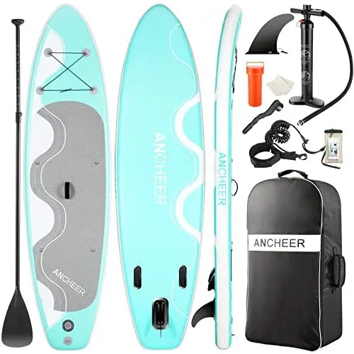 Produktbild: ANCHEER Aufblasbares 320 cm lang Stand Up Paddle Board mit strapazierfähigem SUP-Zubehör, Rucksack, Leine, Paddel und Handpumpe, unterer Finne, wasserdichter Tasche, Reparaturset, Allround-Board