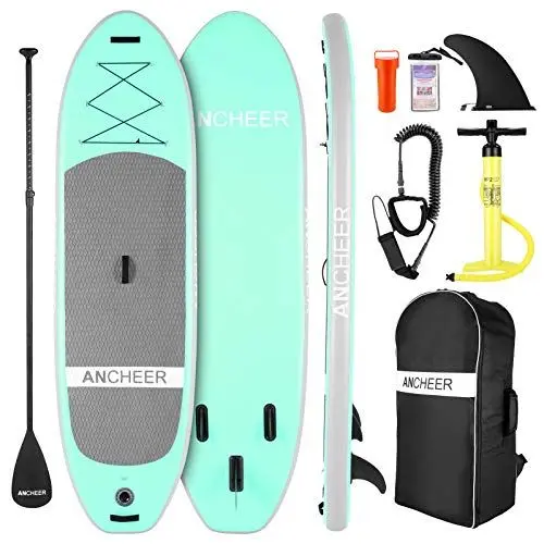 Produktbild: ANCHEER Aufblasbares Stand Up Paddle Board mit Komplett SUP Zubehör, Rucksack, Leine, verstellbarem Paddel und Handpumpe, Bodenflosse, wasserdichter Tasche, Reparaturset, Jugendliche und Erwachsene, 305 x 81 x 15 cm