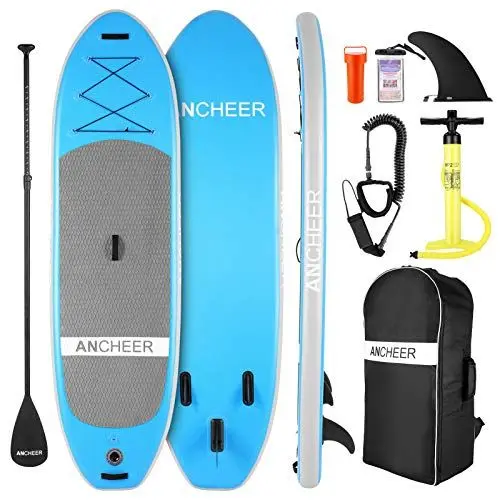Produktbild: Ancheer Aufblasbares Stand Up Paddle Board mit Komplett SUP Zubehör, Rucksack, Leine, verstellbarem Paddel und Handpumpe, Bodenflosse, wasserdichter Tasche, Reparaturset, Himmelblau, 305 x 81 x 15 cm