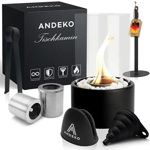 Produktbild: ANDEKO Premium Bioethanol Tischkamin - Tischfeuer 3h Brenndauer - Ethanol Kamin inkl. Dekosteine und 2X große Brennkammern - Hohes Sicherheitsglas - Regulierbare Flamme - Tischkamin Outdoor & Indoor