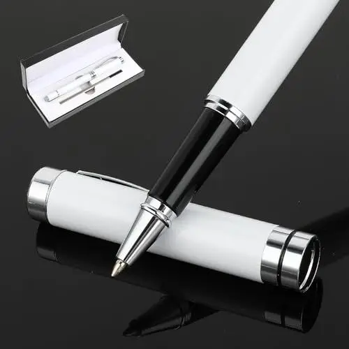 Produktbild: Andibro Kugelschreiber, 0,5 mm Luxus Kugelschreiber Aus Metall Mit Geschenkbox Auswechselbare Mine Business Büro Signaturstift Glattes Schreiben Tintenroller Für Männer Und Fraue(Weiß)