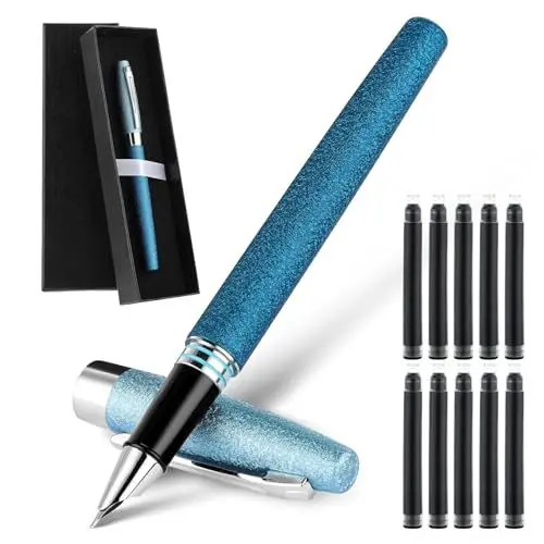 Produktbild: Andibro Mattierter Füllfederhalter mit Geschenkbox,0,38 mm extra feine Spitze Metall Füller mit 10 Schwarzen Tinten Geschenkbox Business-Stift für Männer Frauen Unterschrift Büro Schule