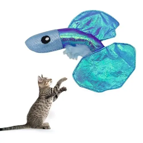 Produktbild: Andiker Cat Catnip Spielzeug, Kitten Fish Spielzeug mit Crinkle Shine Ring Papier Sound Cat Kauspielzeug für Ihre Katzen zu kauen und fangen interaktive Katzenspielzeug (1 Fisch)