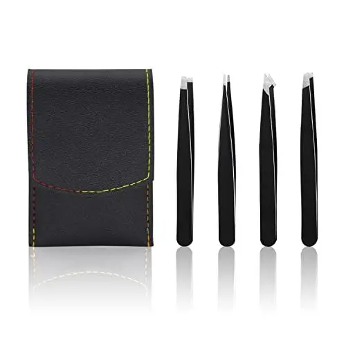 Produktbild: Andiker Pinzetten-Set, 4 Stück Edelstahl Wimpernpinzette für Wimpernverlängerungen mit 1 x Aufbewahrungs-Ledertasche, Augenbrauen-Set, Gesichtshaarentferner für Damen/Herren(schwarz)