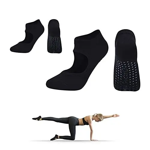 Produktbild: Andiker Yoga-Socken, 2 Paar rutschfeste Pilates-Socken, rutschfeste elastische Sportsocken mit Spann für Frauen und Mädchen, ideal für Pilates, Ballett, Indoor-Fitness, Yoga, Trampolin,