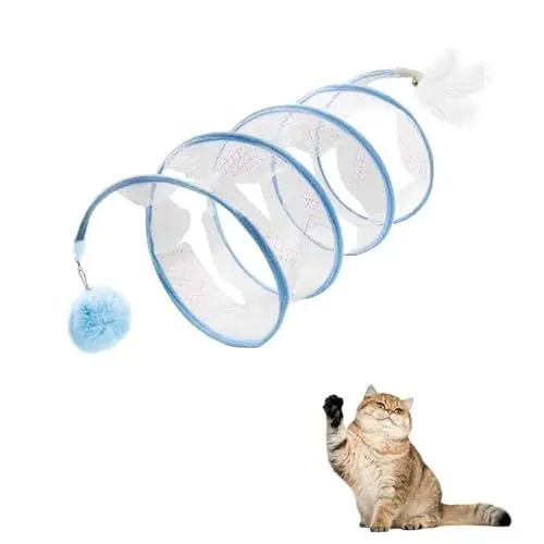 Produktbild: Andiker gefaltetes Katzentunnel-Frühlingsspielzeug, 8inch Spiral Katzentunnel-Spielzeug mit Feder&Ball&Bell 3 in 1 gefalteten Katzenröhren Interaktives Katzenspielzeug für Katzen (Blau, S)