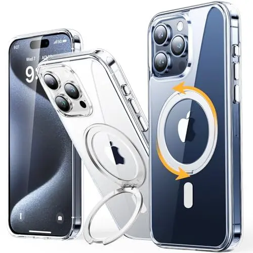 Produktbild: andobil Upgrade für iPhone 15 Pro Max Hülle für MagSafe (5 in 1) mit 360° Drehbar Unsichtbarem Ständer (Stoßfest/Nie Gelb) Anti-Kratzt Dünne Handyhülle Case - Ultra Transparent