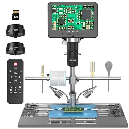 Produktbild: Andonstar AD246S-M Plus 7'' HDMI-Lötdigitalmikroskop für Elektronikreparaturen, 2000x 3 Linsen 2160P UHD-Videoaufnahme, Lötmikroskopstation mit Hilfshänden, Münzmikroskop, 32GB-Karte