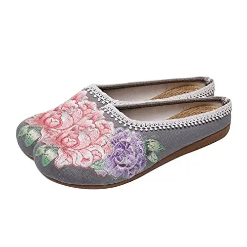 Produktbild: ANDRESLAD 1 Paar Flache Sandalen Aus Stoff Damen Wohnungen Frauen Spitz Zulaufende Schuhe Für Damen Flacher Mädchenschuh Bestickte Schuhe Flache Damenschuhe Damen-Loafer Grey Futter: Leinen