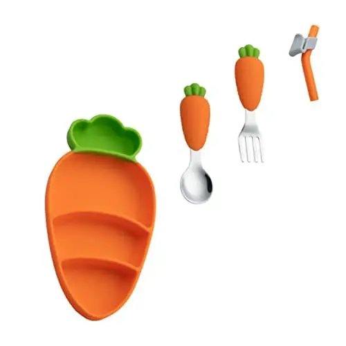 Produktbild: ANDRESLAD Utensilien-Set aus 304 Edelstahl und Silikon entzückender Speiseteller gratfreie Kanten sicher für Jungen und Mädchen