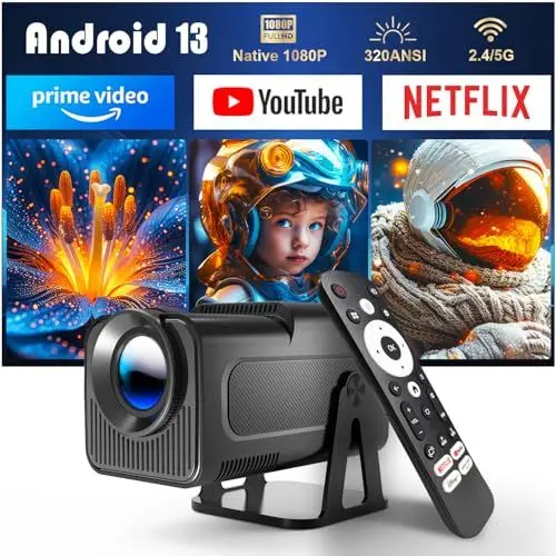 Produktbild: Android 13 Smart Beamer mit Various Offiziell TV Apps,Sprachassistent 1080P Nativ/Optische Auflösung 320ANSI 12000Lumens 5G WiFi Auto Trapezkorrektur Projektor für Heimkino/Outdoor