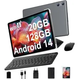 Produktbild: Android 14 Tablet mit Tastatur, Tablet 10 Zoll mit 5G WLAN 6, 20 GB RAM+128 GB ROM (Erweiterbar auf 1 TB), GPS, Widevine L1, Octa-Core, 5MP + 8MP, 1280 x 800, 6000mAh, Tablet mit Maus + Hülle, Grau