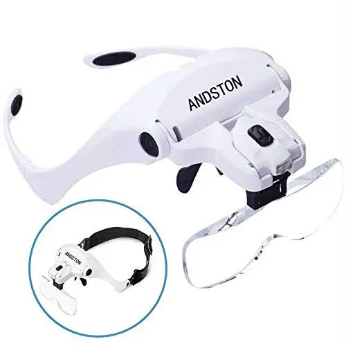 Produktbild: ANDSTON Lupenbrille mit Licht Hände Frei Kopfband Lupen Standlupe mit 2 LED lichts für Hobby, Lesen, Elektriker, Juweliere, Nähen, Reparatur, und ältere Menschen, 5 Wechselobjektive(1.0X bis 3.5X)