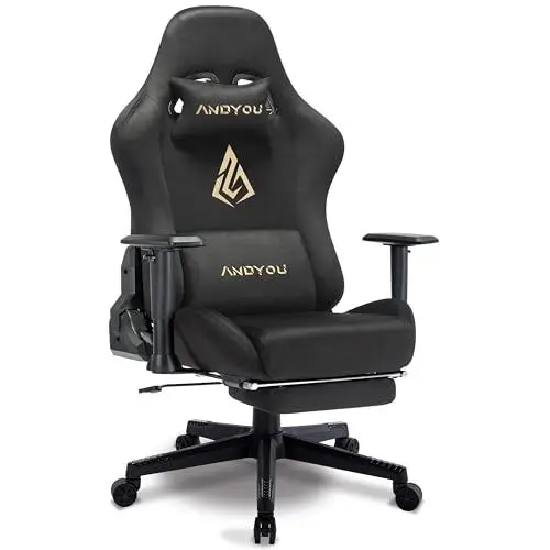 Produktbild: Andyou Gaming Stuhl, Ergonomischer Gaming Stuhl mit Fußstütze, Atmungsaktiver PC Stuhl mit verstellbare Lendenkissen, Kopfkissen und Armlehnen, 150 kg Belastbarkeit Drehsessel, Schwarz