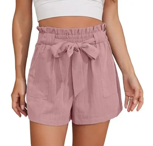 Produktbild: Anelune Kurze Hose Damen Freizeit Shorts Damen Elastischer Bund mit Gürtel Breites Bein Casual Damen-Shorts Rosa M