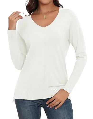Produktbild: Anelune Pullover Damen V-Ausschnitt Langarm Winter Damen Pullover Leichter Pullover für Damen Beige Weiß L