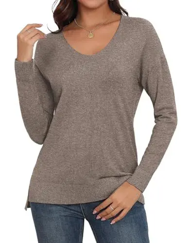 Produktbild: Anelune Pullover Damen V-Ausschnitt Langarm Winter Damen Pullover Leichter Pullover für Damen Braun M