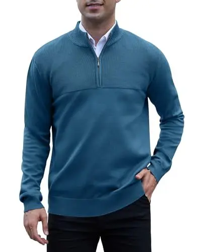 Produktbild: Anelune Pullover Herren Rollkragenpullover 1/4 Zip Neck Troyer Feinstrick Sweater Business Arbeitspullover Herren Blau L