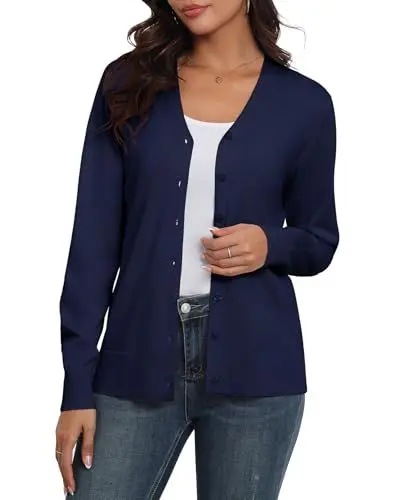 Produktbild: Anelune Damen Cardigan Sommer Strickjacke mit V-Ausschnitt Marineblau XL