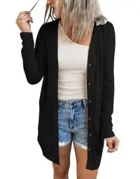 Produktbild: ANFTFH Damen Cardigan Lang Dünne Jacke mit Leichter Langarm Strickjacke Button Down Loose Top Schwarz XXL