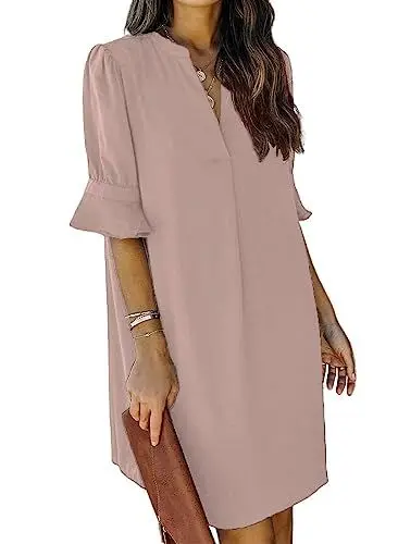 Produktbild: ANFTFH Damen V-Ausschnitt Kurzarm Sommer Mini Kleid Atmungsaktiv Weiche Haut-freundliche und Bequeme Tunika Kleid Grau Rosa XL