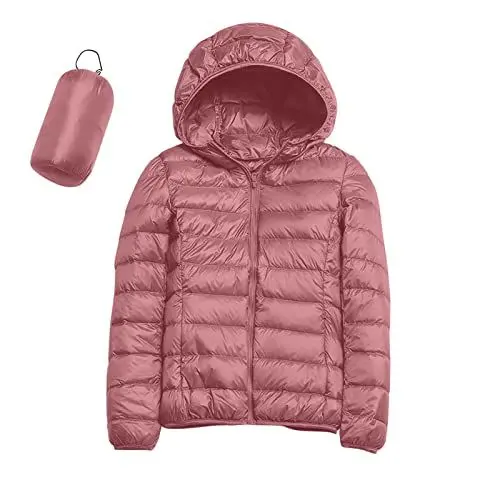 Produktbild: UnoSheng Dufflecoat Damen Frauen Warme Wasserdichte Leichte Jacke Mit Kapuze Winddichter Wintermantel Mit Recycelter Isolierung Winter Schlank Kurz Mit Kapuze Warme Weiße Entendaunenmantel (Pink, XXL)