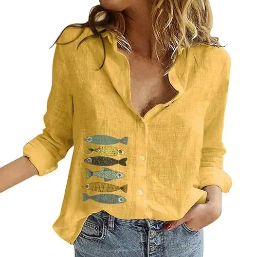 Produktbild: Angebote Bluse Damen Sommer Baumwolle Leinenbluse V-Ausschnitt Button-Down Hemdbluse, Dunkelblau Damen Bluse Elegant Damen Blusen Fashion 2024 Revers Blusehemd