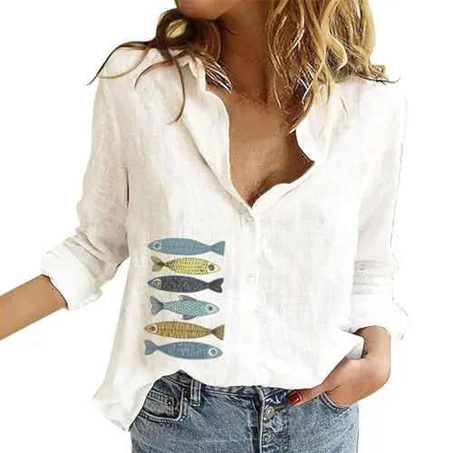 Produktbild: Angebote Bluse Damen Sommer Baumwolle Leinenbluse V-Ausschnitt Button-Down Hemdbluse, Hellblau Langarmshirt Damen V-Ausschnitt Damen Blusen 2024 Revers Kragen