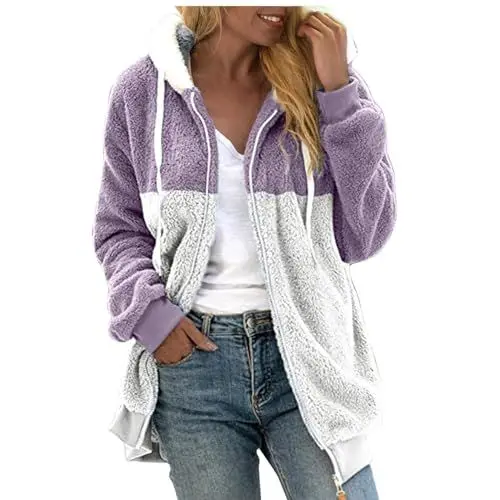 Produktbild: Generisch Damen Teddy Fleecejacke mit Kapuze Warm Cardigan Kapuzenjacke Winterjacke Elegant Flauschjacke Hoodie Pullover Jacken Strickjacke mit Taschen Übergangs Outdoor Sweatshirt (Purple, XXL)