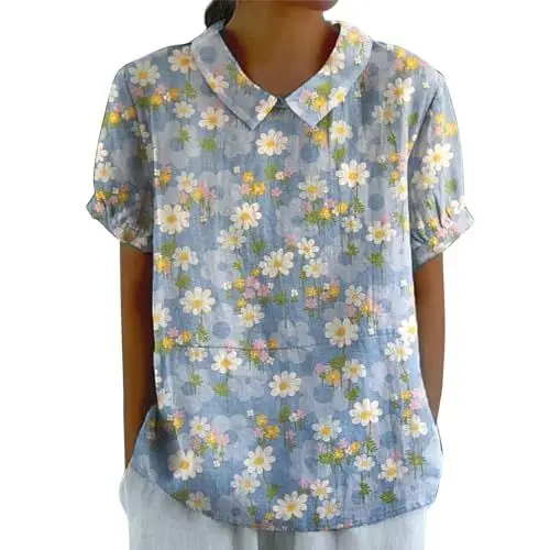 Produktbild: Angebote T-Shirt Damen Rundhals 2024 Button-Down Kurzarm, Sommer Herbst Duftende Hanf Revers Art Floral Shirt Blusen Freizeit Locker Hemd Oberteil Lässiges Mode Oberteil Alle Angebote Aktuell Heute