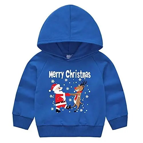 Produktbild: Angebote Weihnachten Mädchen Hoodie Kinder Pullover Bedrucktes Weihnachtspullover Niedliche Kapuzenpullover Casual Kostüme Tops Classic Kleidung Klamotten Oberteile Bekleidung Blau, 6-7 Jahre