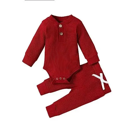Produktbild: Neugeborenen Baby Mädchen Junge Kleidung 3 6 12 18 24 Monate Outfits Langarm Gestrickte Baumwolle Strampler Hosen Infant Winter Sets Babykleidung Mädchen 6 12 Monate (Red, 0-3 Months)