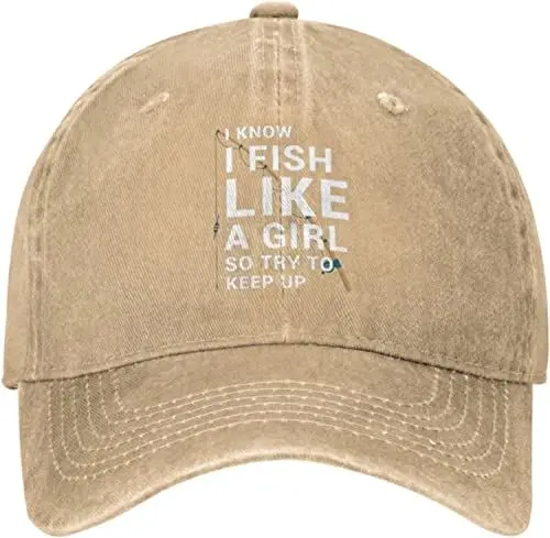 Produktbild: Angelmütze mit Aufschrift „I Know I Fish Like A Girl Try to Keep Up“, Baseballmütze für Damen, grafische Mützen