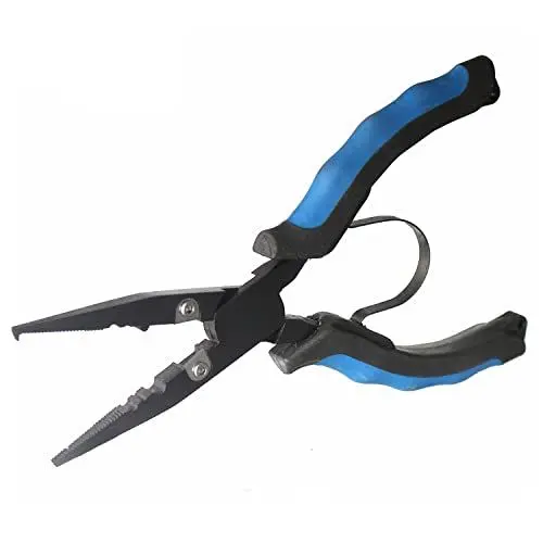 Produktbild: Angelzange Angeln Multi-Tools aus Kohlenstoffstahl, Hakenentferner Braid Line Cutting und Split Rings mit Coiled Lanyard für Süßwasser- und Salzwasserangeln, 18CM