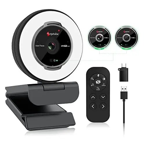 Produktbild: Angetube 60FPS 1080P Webcam mit Ringlicht - PC Kamera mit 5X Digitalzoom und Fernbedienung,Eingebaute Dual-Noise-Cancelling-Mikrofone und Sichtschutzabdeckung,Für PC|Computer|Laptop|Mac|Desktop