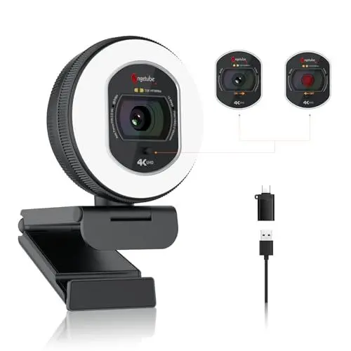 Produktbild: Angetube Webcam 4K mit Licht – Streaming-Kamera für PC mit Dual-AI-Rauschunterdrückungs-Mikrofon, Auto-Fokus und eingebautem Sichtschutz. USB 1080P 60FPS Webcam für Laptop und Mac