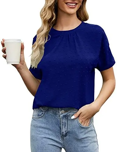 Produktbild: ANGGREK Damen-Bluse mit Rundhalsausschnitt, kurzärmelig, Chiffon-Bluse, niedliche Sommer-Tops, Blau, XX-Large