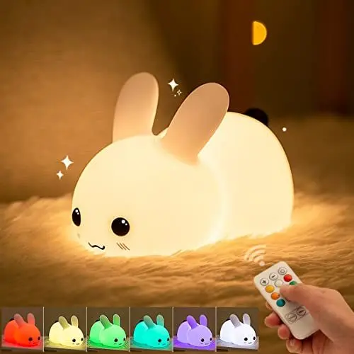 Produktbild: ANGKMA Nachtlicht Kinder, 7 Farben LED Nachttischlampe Babyzimmer, Silikon Stilllicht Dimmbar Touch für Geschenke für Mädchen, Cute Nachtlampe Kinderzimmer (Kaninchen)